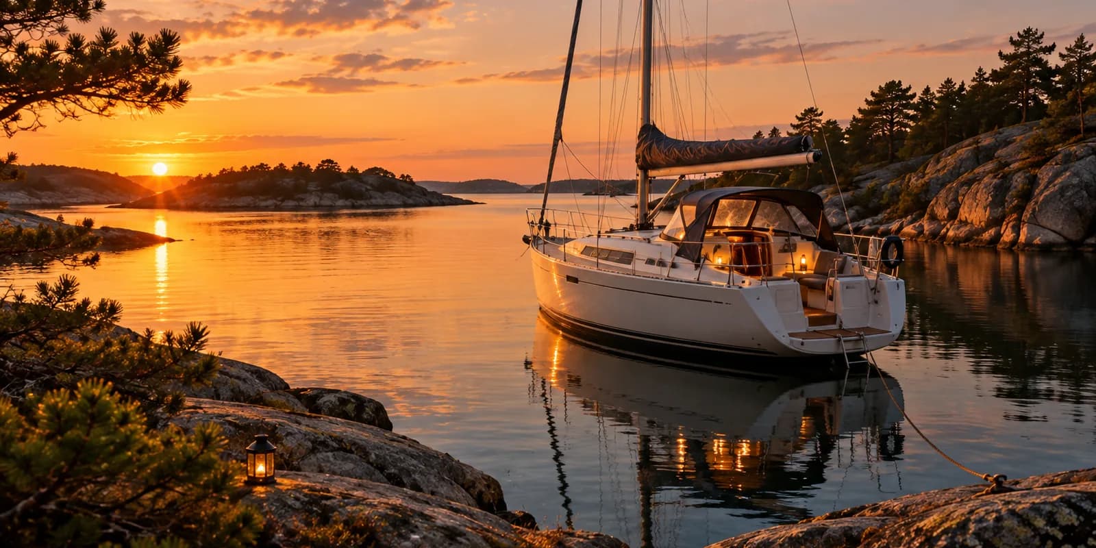 Vit segelbåt för ankar i svensk skärgård i guldljus vid solnedgång, med en tänd lykta på klipphällen i förgrunden