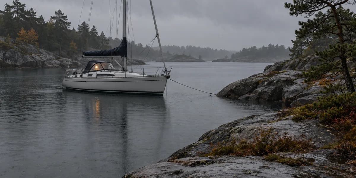 Vit segelbåt förtöjd vid en klippa i grått regnväder, dimmiga skogsklädda skär i bakgrunden och ett enda varmt ljus tänt i kajutan