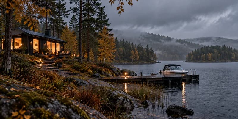 Stuga med tända fönster vid en dimmig höstsjö, med brygga och båt nedanför och låga moln över åsarna