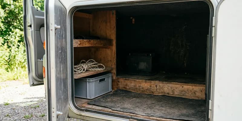 Öppen servicelucka på en äldre husbil, med ett svart batteri på en sliten trähylla, en hoprullad tamp och en grå plastback i utrymmet