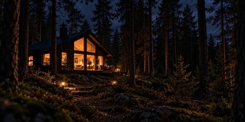 Stuga i mörk granskog om natten, upplyst inifrån genom stora fönster, med lyktor längs stigen fram till trappan