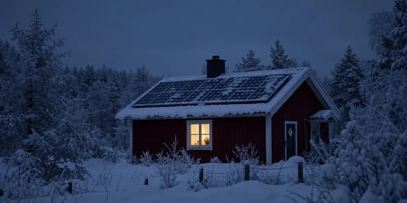 Röd stuga i snötäckt skogsglänta i blå vinterskymning, med snöfläckiga solpaneler på taket och ett enda upplyst fönster