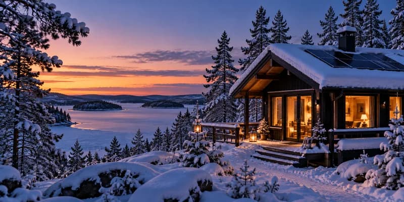 Snötäckt stuga vid frusen skärgårdsvik i vinterskymning, med solpaneler på taket och orange sol lågt över horisonten