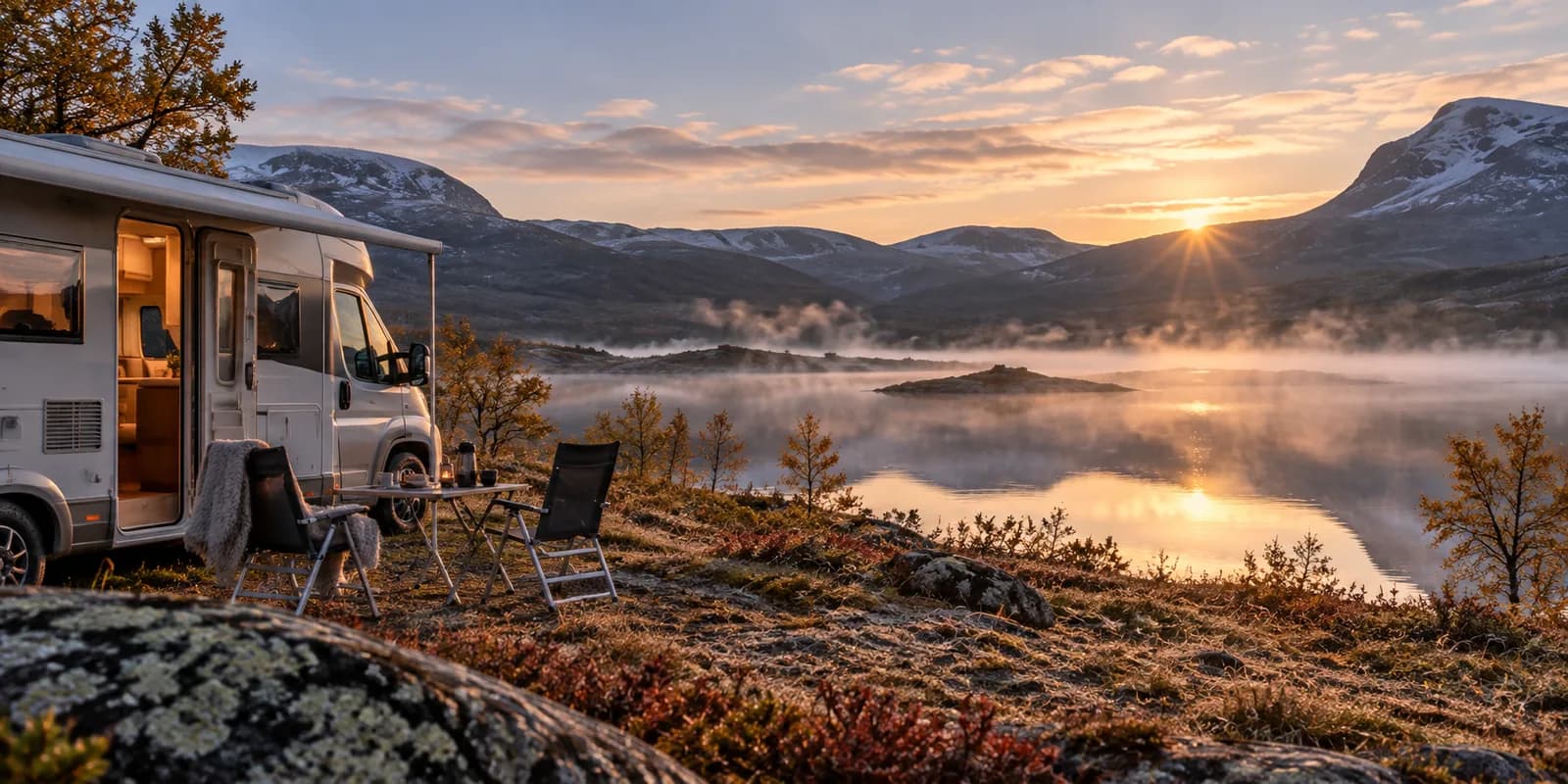 Husbil parkerad vid en fjällsjö i gryningsljus med två campingstolar och ett litet bord, dimma över vattnet och snötäckta toppar i bakgrunden
