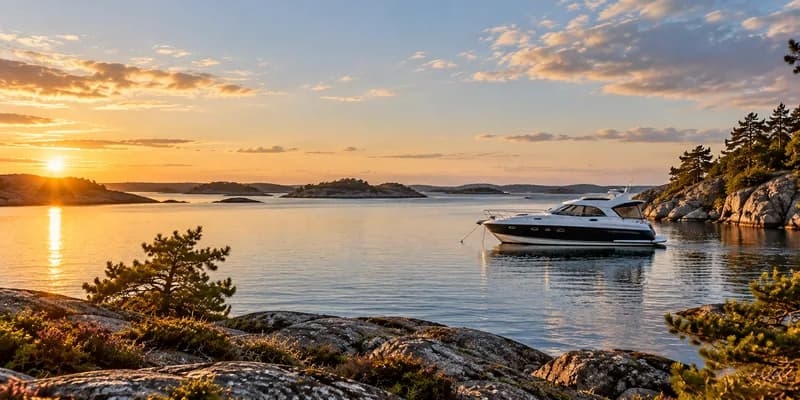 Motorbåt för ankar i skärgård i kvällsljus