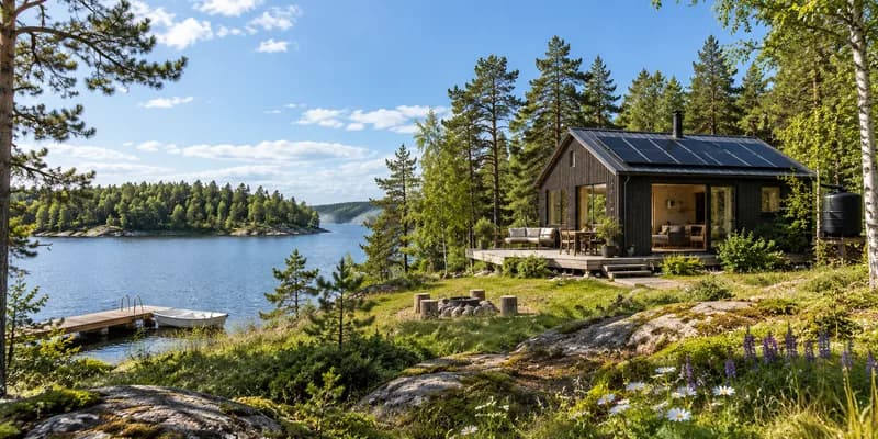 Stuga med solpaneler vid sjö en sommardag