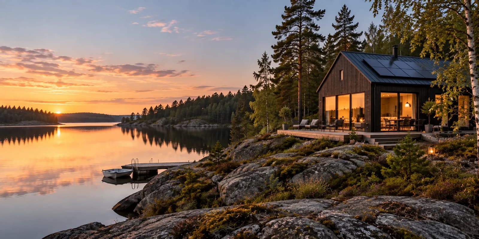 Stuga på klippa vid sjö i solnedgång, varmt ljus i fönstren