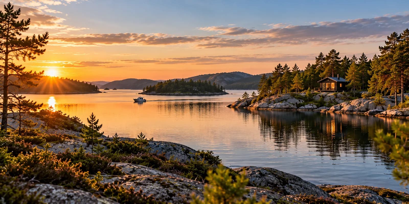 Solnedgång över skärgård