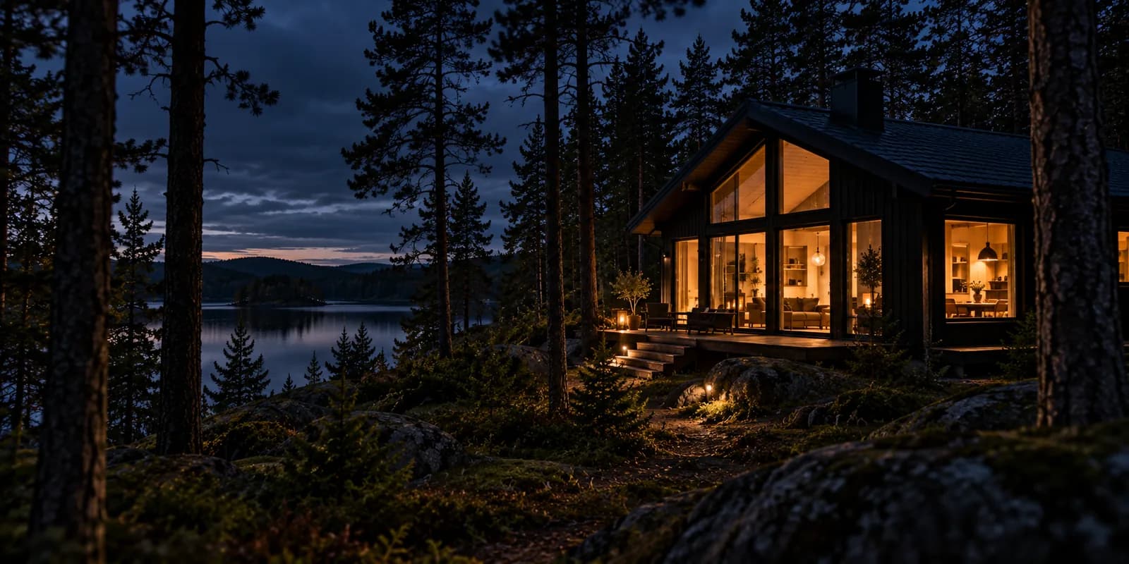 Stuga på en klippa i skogen vid skymning, med tänd belysning, soffa och köksvrå synliga genom de stora fönstren, och en mörk sjö bakom